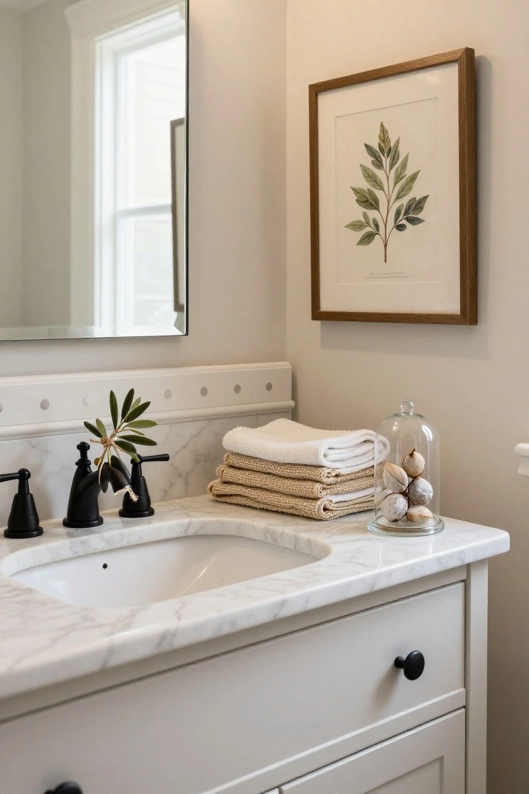 White wooden bathroom vanity with white marble countertop and black faucets, stacked white and beige towels, olive branch sprig, glass cloche with seed pods, mirror, and framed botanical print on beige wall.
