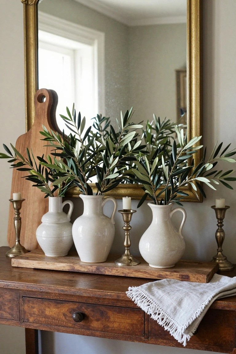 Wooden console table topped with a rectangular wooden tray holding three white pitchers filled with olive branches, flanked by gold candlesticks with white candles, in front of a large gold-framed mirror.
