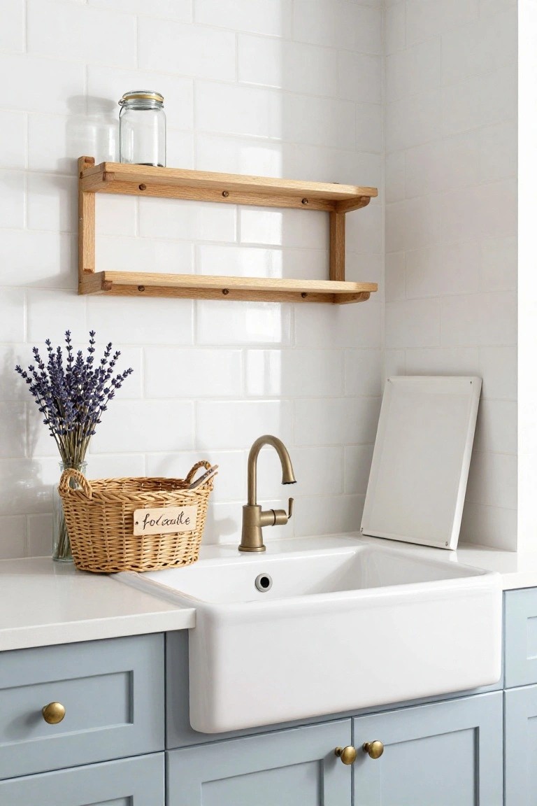Laundry sink area featuring white subway tile walls, light blue lower cabinets with brass knobs, white farmhouse sink and brass faucet, wood floating shelves with glass jar and labeled wicker basket, and lavender bouquet in vase.