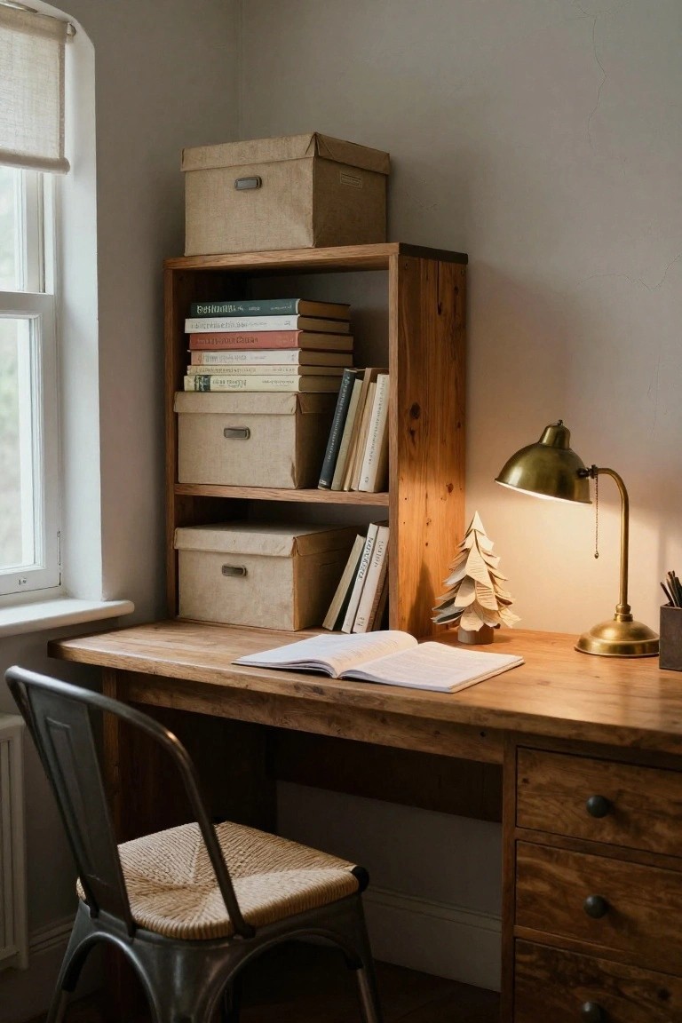 Wooden desk with open book, brass lamp, paper Christmas tree, and pen holder next to wooden open shelves holding books and beige fabric storage boxes in a light gray room with window and chair.