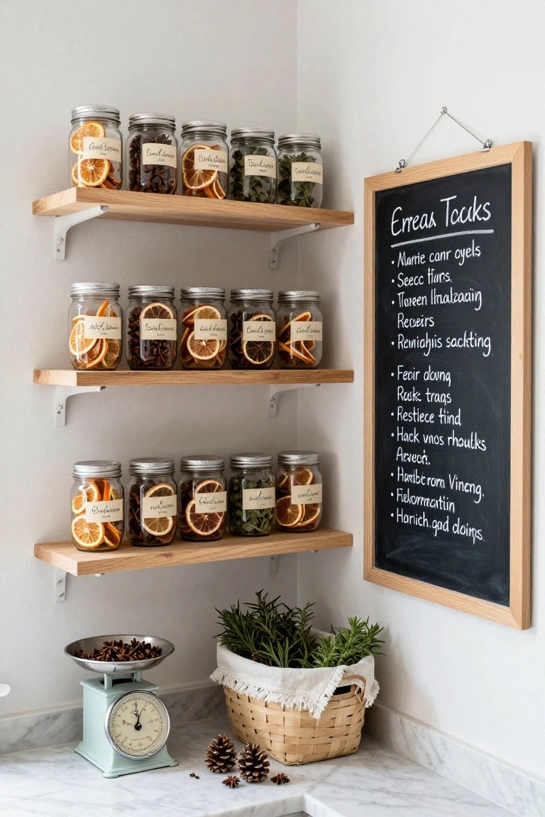 Kitchen corner featuring three floating wooden shelves with glass jars containing dried orange slices, spices, herbs, and cannabis leaves, a chalkboard list of ingredients on the wall, a vintage scale with star anise, potted rosemary plants, and pinecones on the marble countertop.