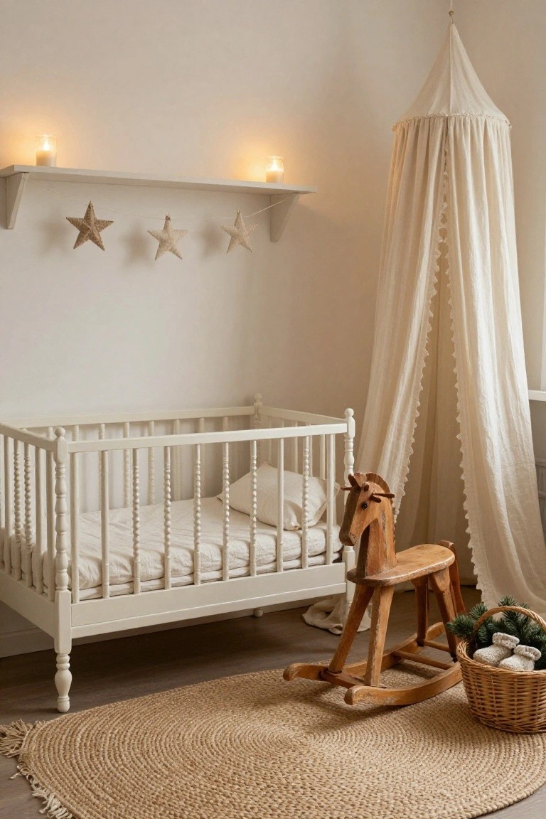 White spindle crib with beige sheer canopy draped from the ceiling in a neutral nursery, wooden rocking horse on seagrass rug, shelf with candles and star garlands, and basket holding greenery and baby booties.