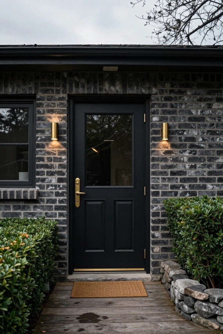 Black front door with gold knob and hinges on a dark brick house exterior, flanked by gold cylindrical wall sconces, boxwood hedges, and a seagrass doormat on a wooden step.