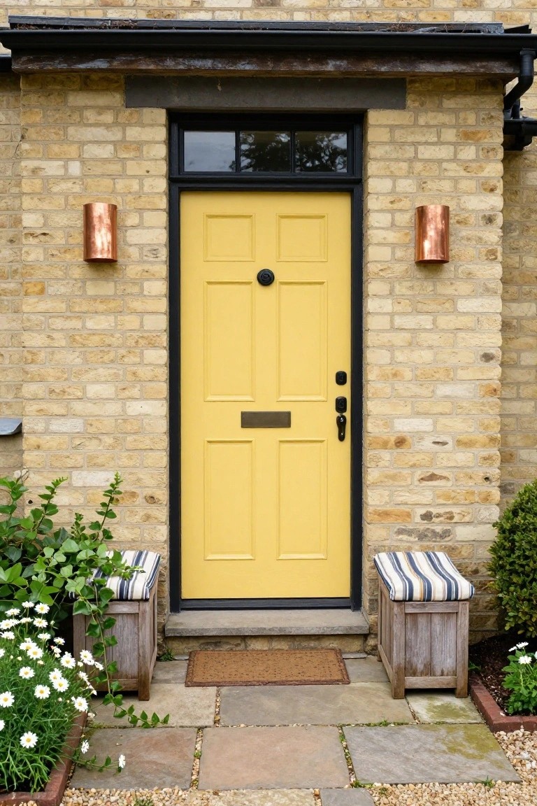 Yellow brick house exterior featuring a bright yellow front door with black frame, flanked by copper wall sconces, wooden benches with cushions, potted plants, and a stone pathway.