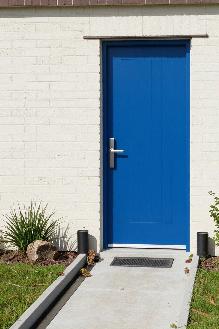 Blue front door on white brick wall with silver handle, concrete entry path, drain grate, potted plants, grasses, rocks, and black cylindrical markers nearby.