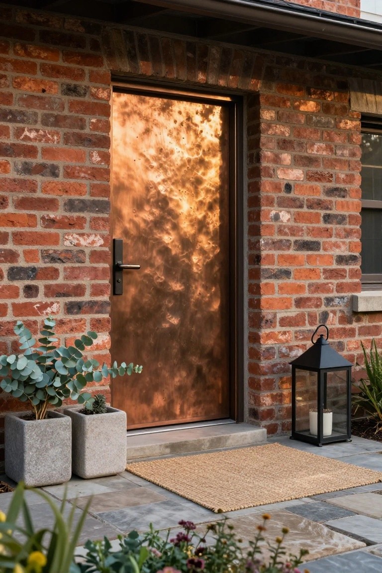 Copper-toned metal front door on a brick house exterior with a black handle, flanked by two gray concrete pots of eucalyptus, a seagrass doormat, and a black lantern on a stone patio surrounded by plants.