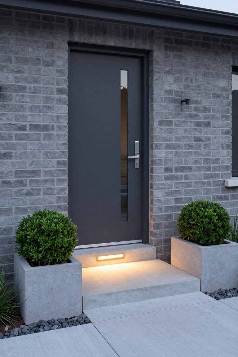 Gray brick house exterior with dark gray front door featuring vertical glass panel and silver handle, flanked by concrete planters with round boxwood shrubs, single concrete step with under lighting, and gravel edging.