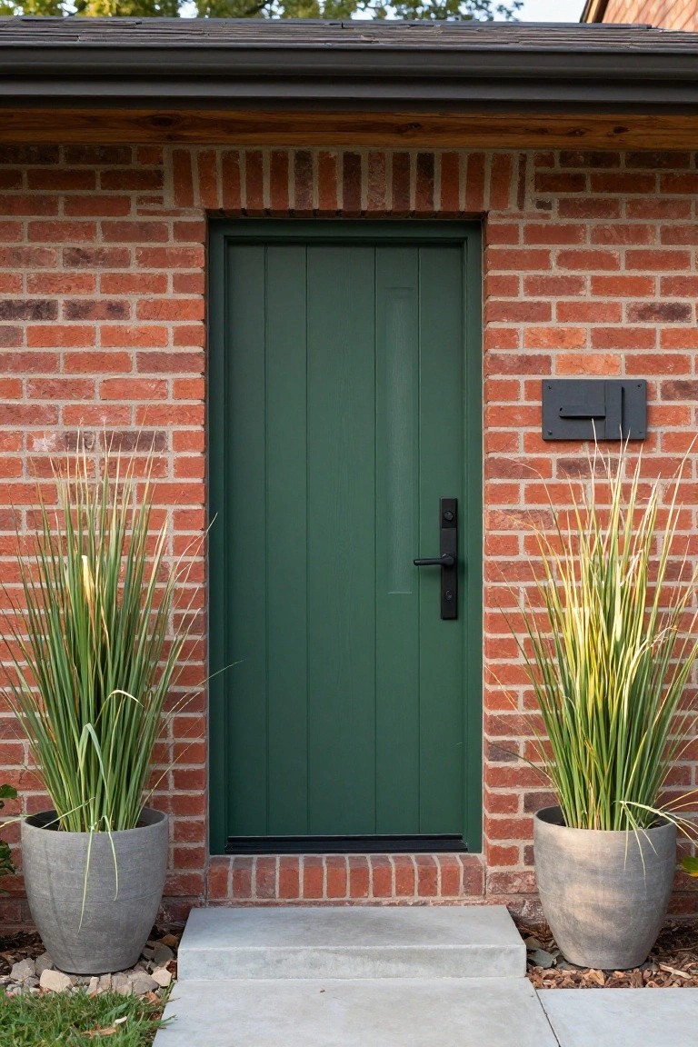 Green door set against a brick wall, flanked by tall planters and a mailbox.
