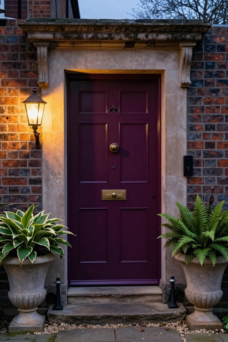 Purple door with a brass handle, surrounded by stone planters and a brick wall.