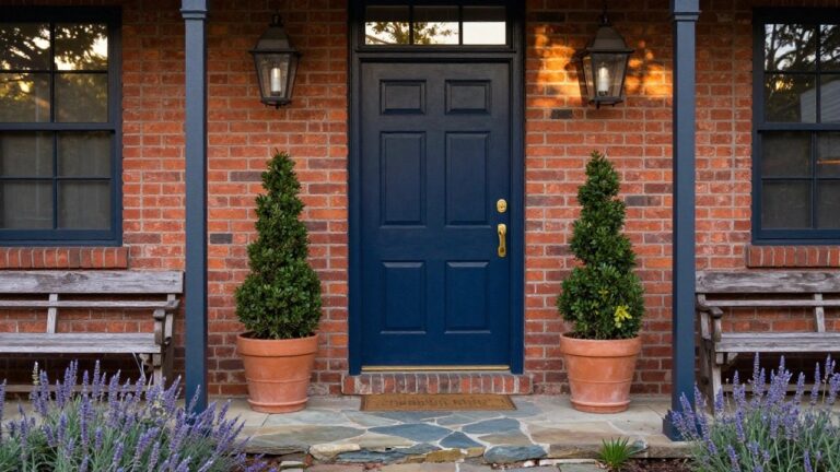 21 Front Door Color Ideas For Brick House Red brick house facade featuring a centered navy blue paneled front door with gold knocker and letterbox, flanked by black lanterns, topiary plants in terracotta pots on benches, lavender plants, and stone steps.