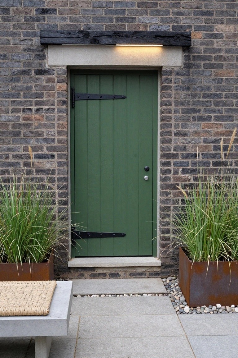 Green paneled wooden front door with black strap hinges on a brick house wall, flanked by tall ornamental grasses in rusted metal planters, with a concrete bench on a gravel and paved path nearby.