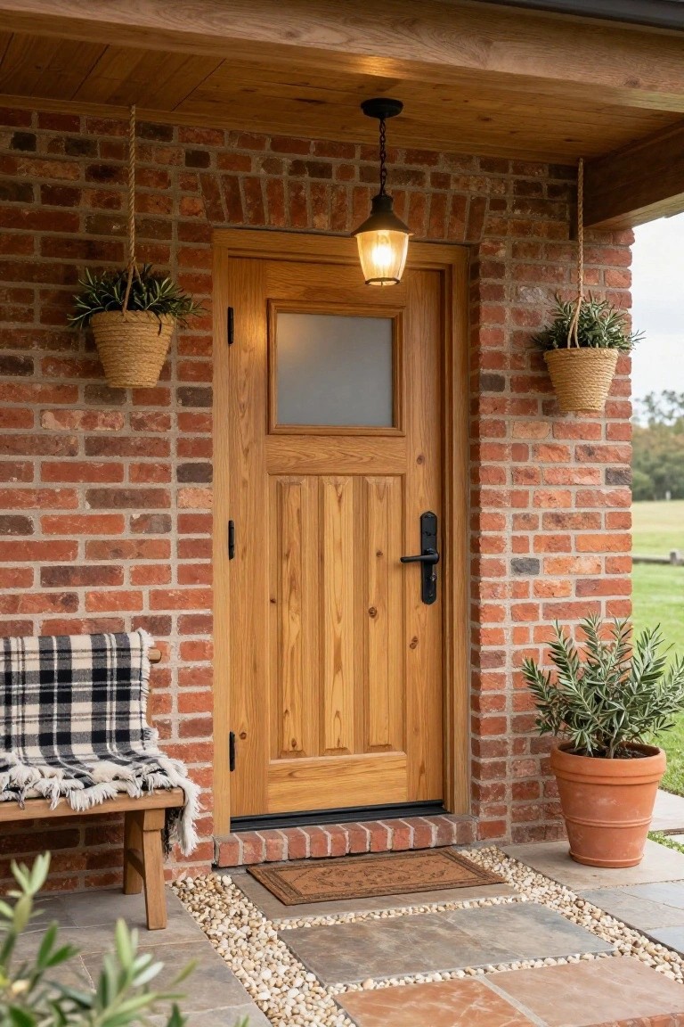 A rustic wooden door with a glass panel, surrounded by brick, plants, and outdoor decor.