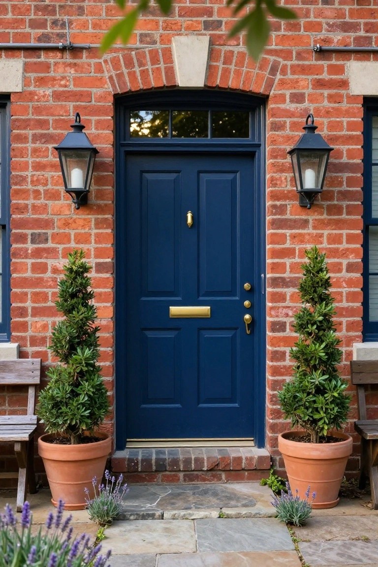 Red brick house facade featuring a centered navy blue paneled front door with gold knocker and letterbox, flanked by black lanterns, topiary plants in terracotta pots on benches, lavender plants, and stone steps.