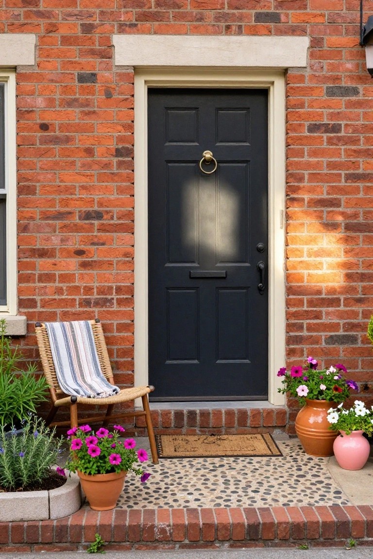 Red brick house facade featuring a dark navy six-panel front door with brass knocker and handle, surrounded by potted plants, a wicker chair with striped blanket, and a door mat on a stone entry step.