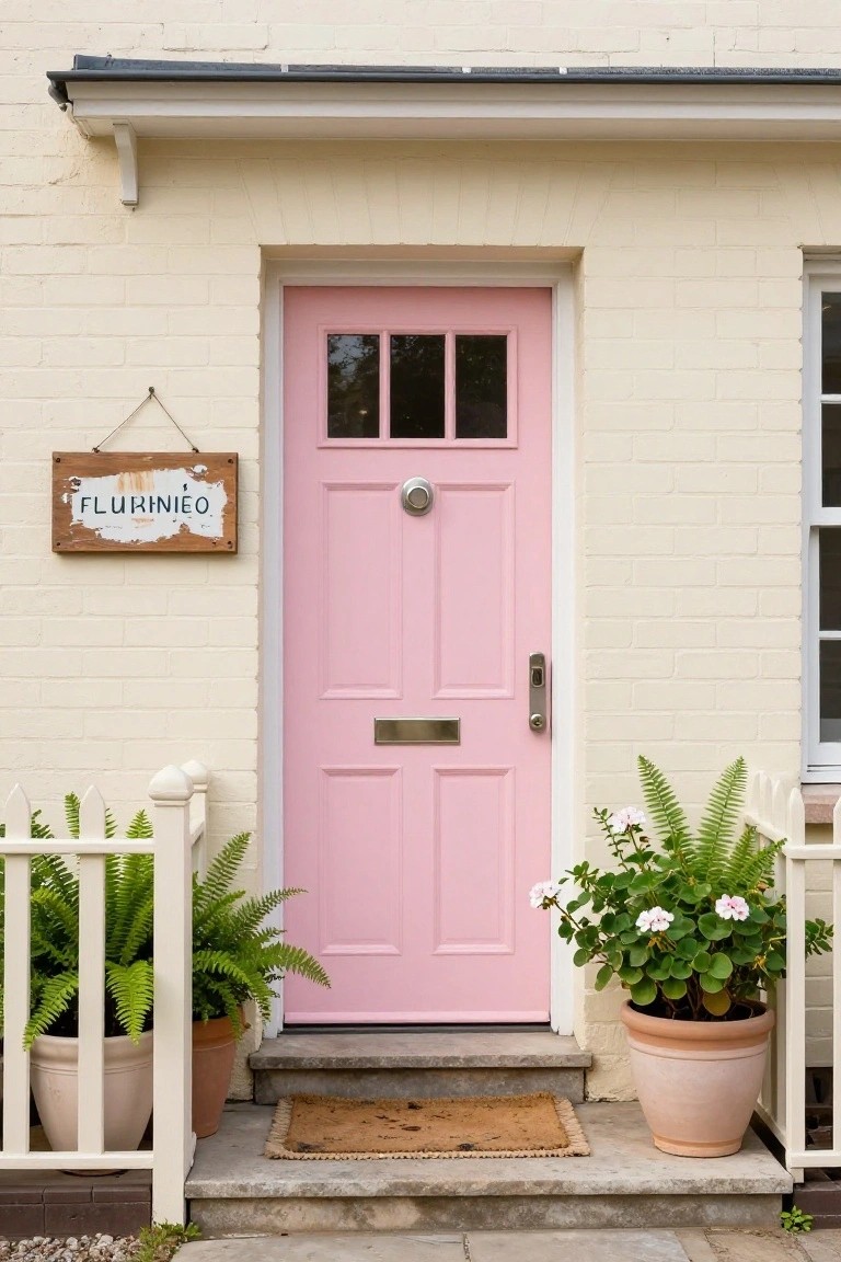 Cream brick house with pink paneled front door, glass window inserts, brass knocker, wooden sign reading FLURRNIEO, potted ferns on porch steps and railing.