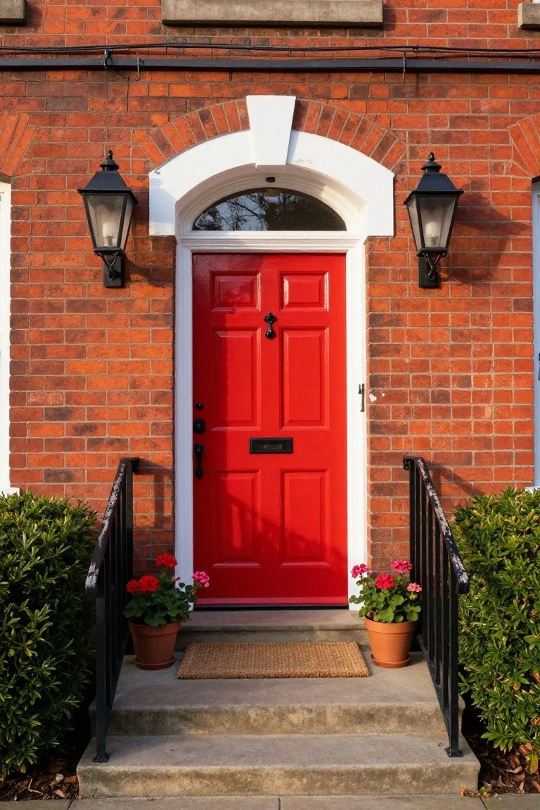 Red front door with six panels and brass knocker in a white arched surround on a brick house exterior, flanked by black lanterns, with potted geraniums on concrete steps and boxwood shrubs on either side.