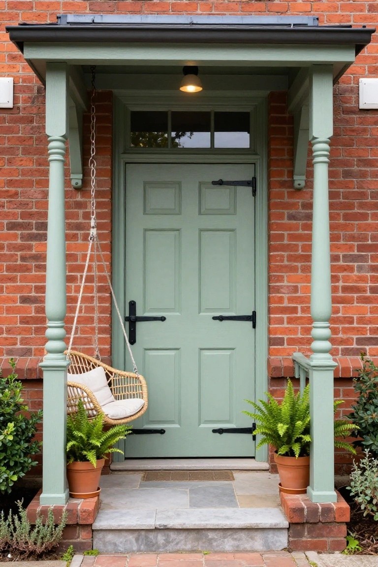 Red brick house facade featuring a sage green paneled front door with black hardware, wooden porch columns, hanging rattan egg chair swing, and potted ferns on stone steps.