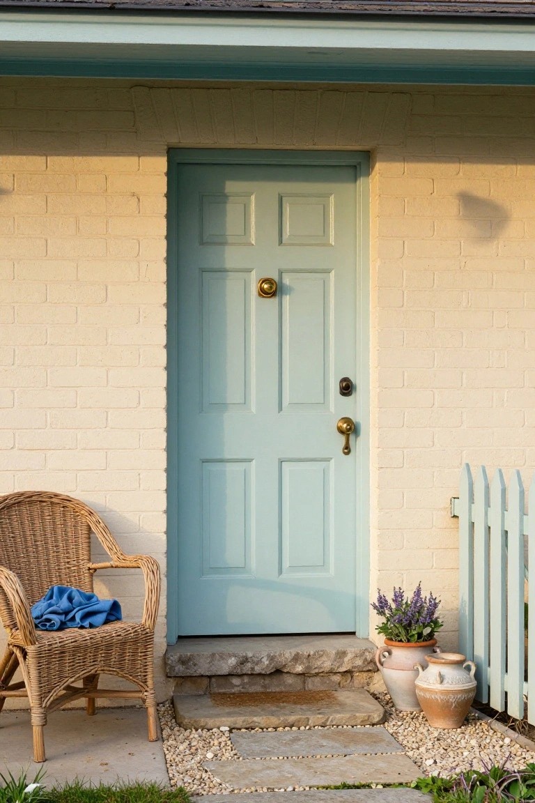 Light turquoise six-panel front door with brass knocker and knob on a cream brick house wall, next to a wicker armchair draped with blue cloth, terracotta pots with plants, stone steps, gravel path, and pale blue picket fence.