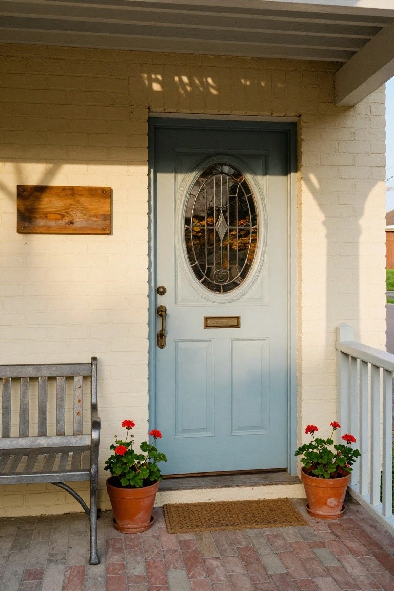 Light blue door with glass detailing, surrounded by potted red flowers and a bench.
