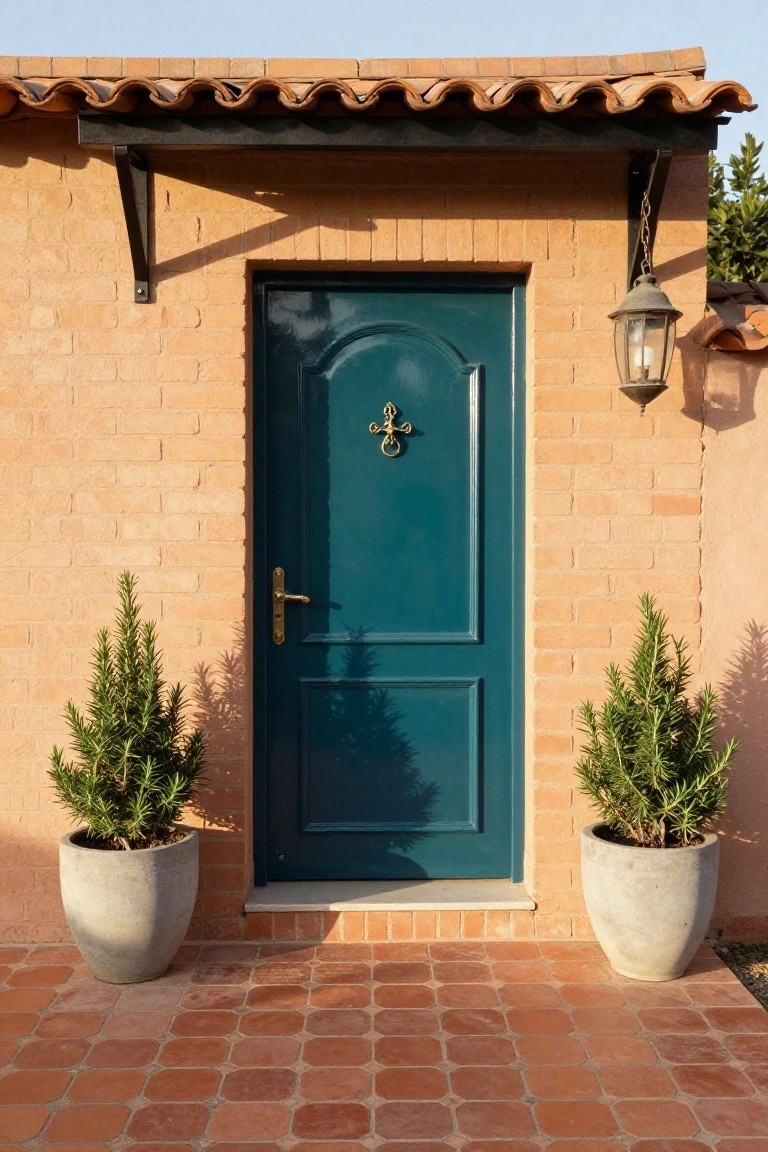 Glossy teal front door with gold knocker and handle set in an orange brick wall under a tiled overhang, flanked by two white planters with small conifer trees on terracotta tile steps, with a hanging lantern nearby.