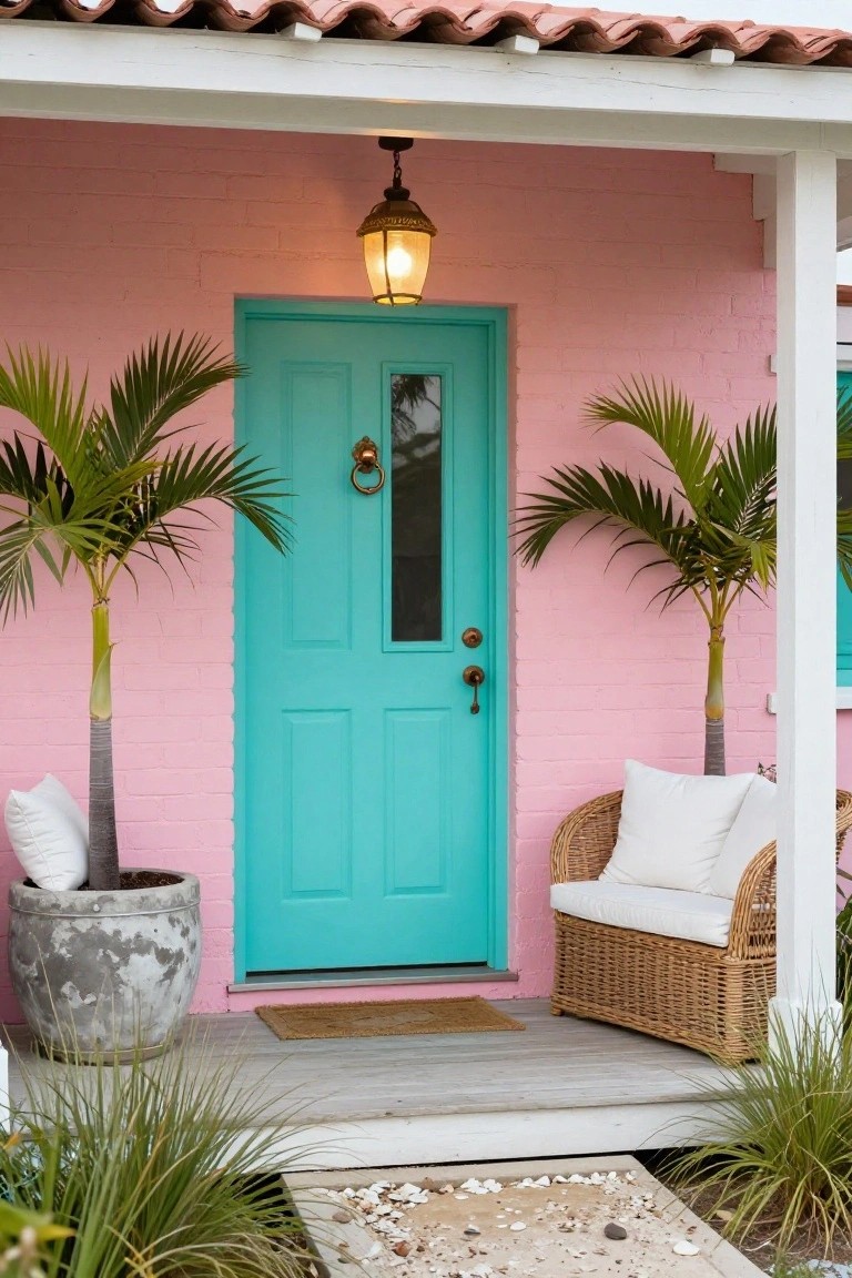 Pink brick house exterior featuring a turquoise double front door with brass knocker and knob, potted palm trees on either side, hanging lantern above, wicker chair with white cushions on the porch, and tropical plants.
