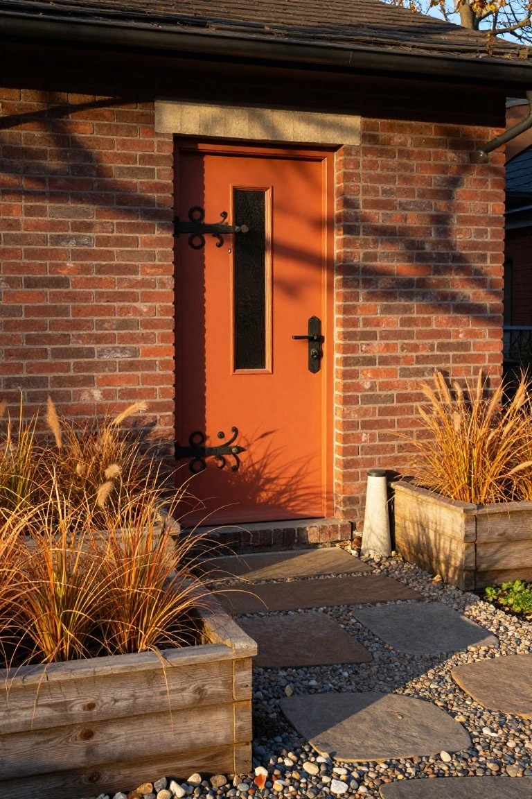Brick exterior wall with a bright orange door featuring black wrought iron hardware and a vertical window, flanked by wooden planters filled with tall ornamental grasses, a stone paver path, and pebble ground cover.
