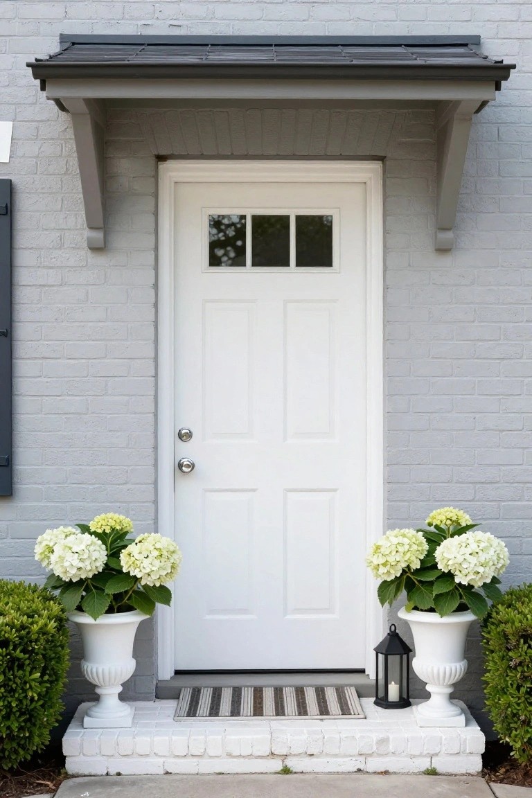 White paneled front door on light gray brick house with gray porch overhang, flanked by white urns of white hydrangeas and boxwood shrubs, black lantern, and striped doormat on white brick steps.