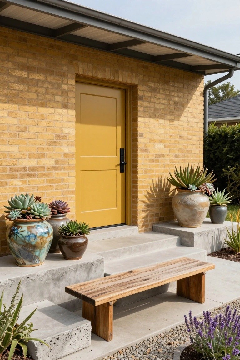 Bright yellow door with potted succulents and a wooden bench on stone steps.