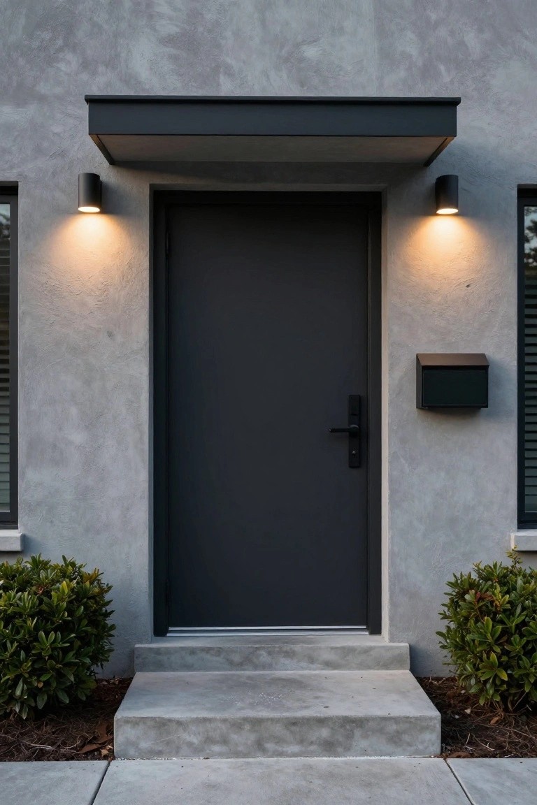 Gray stucco house entrance with matte black front door, black wall sconces, black mailbox, concrete steps, and boxwood shrubs on either side.