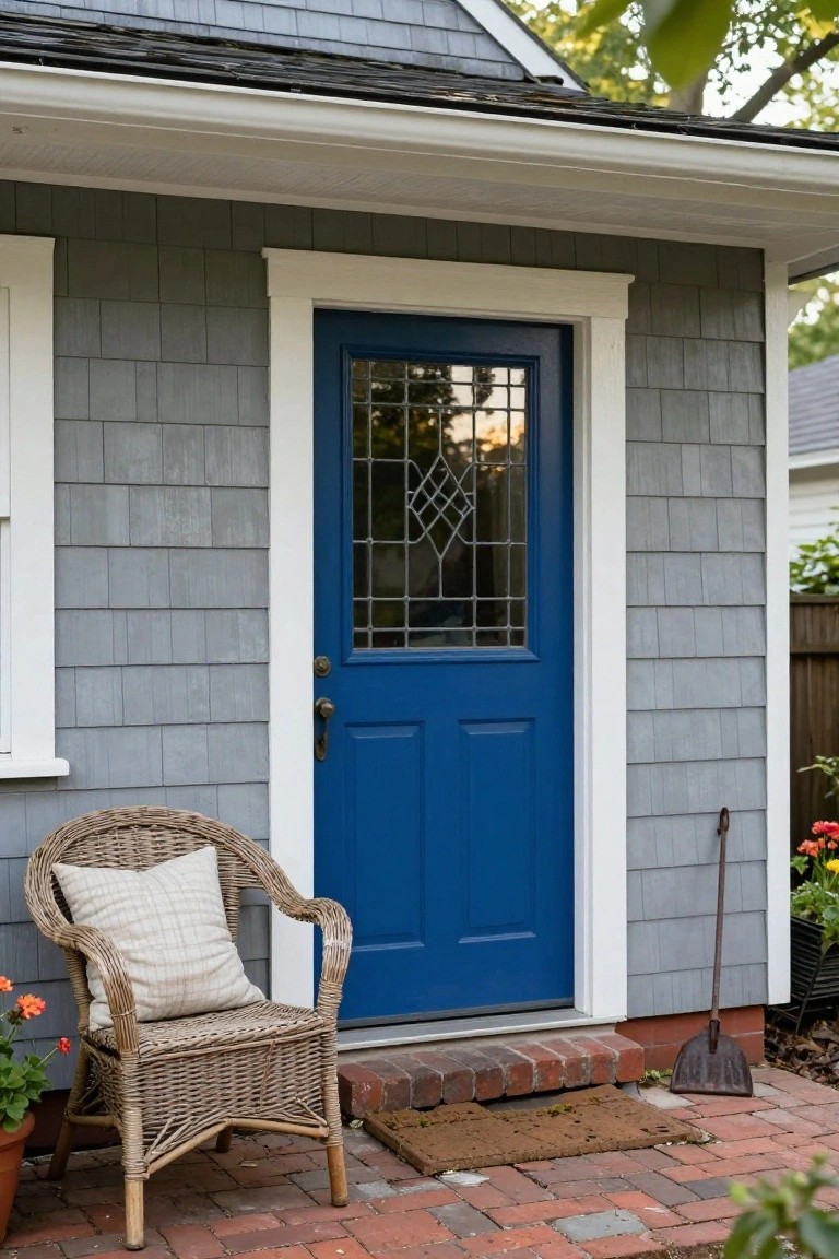 Gray shingled house exterior with blue front door featuring leaded glass panels and brass knob, white trim, wicker chair with beige cushion to the left, potted geraniums, and shovel on brick entry steps.