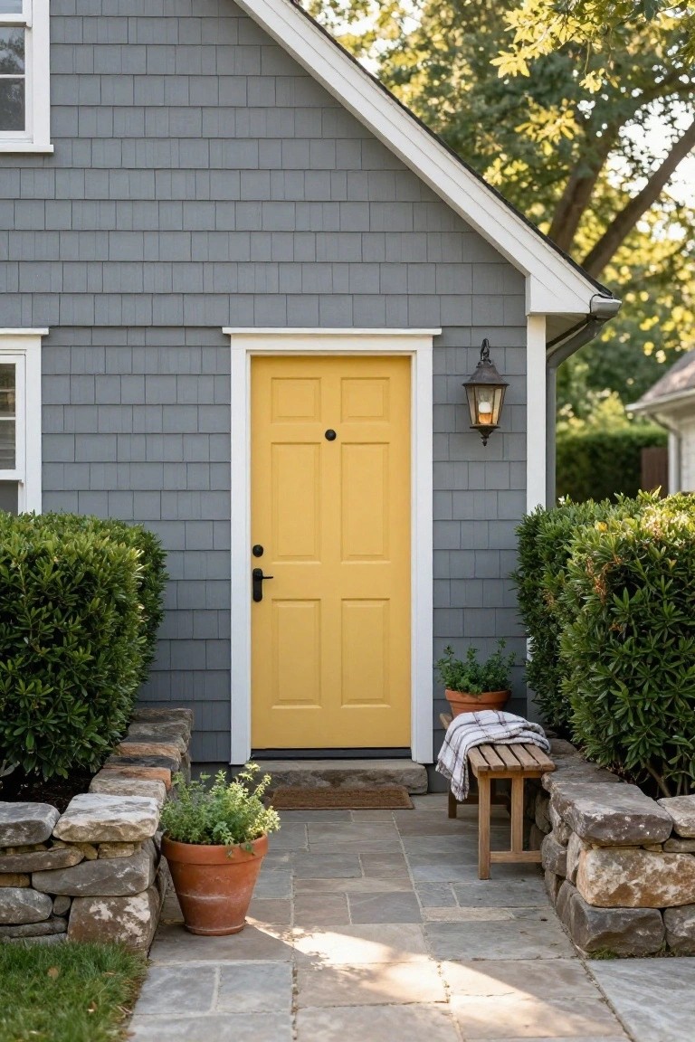 Gray shingle siding on a house exterior with a yellow paneled front door, white trim, black lantern light, boxwood shrubs, stone retaining walls, potted plants, wooden bench with blanket, and slate stone path.
