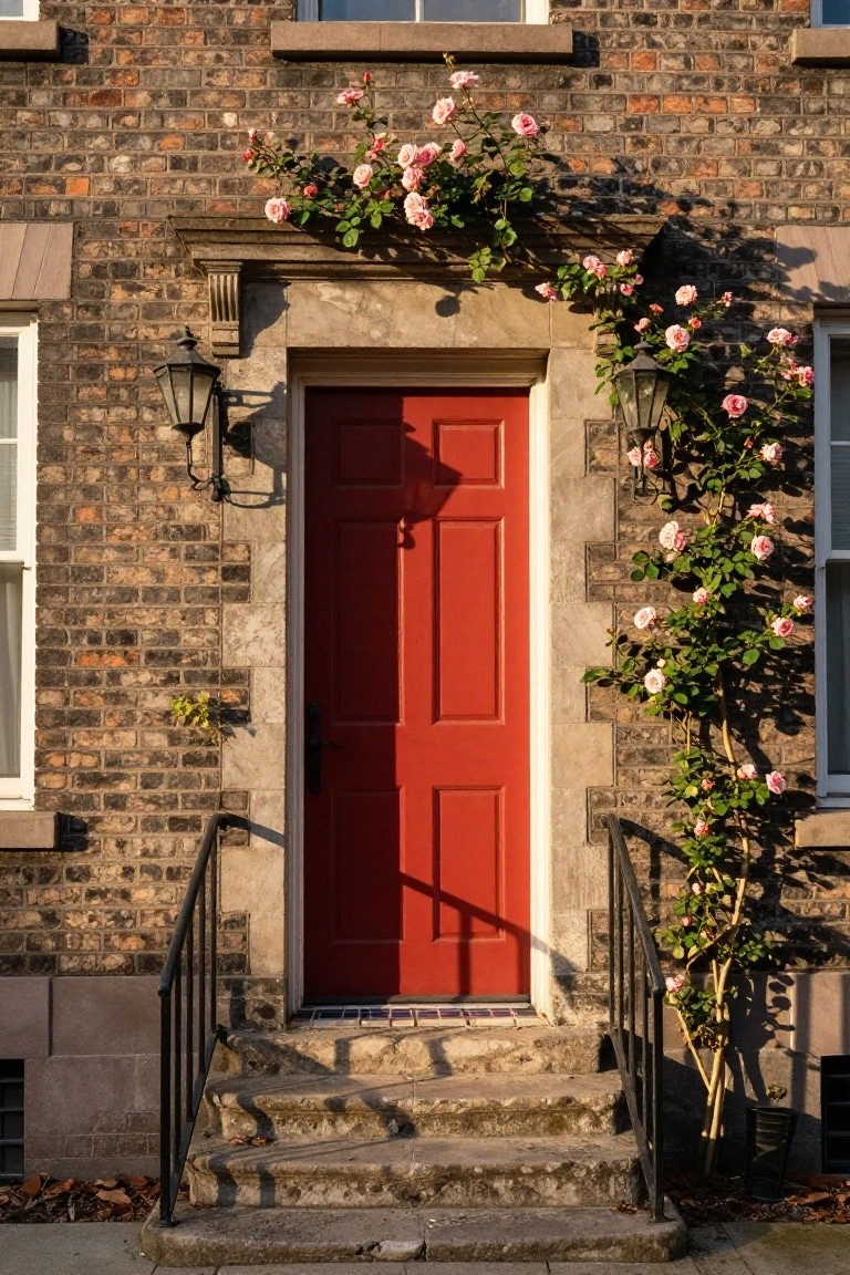 Brick house facade featuring a red paneled front door with climbing pink roses on either side, black lanterns, wrought iron railings, and stone steps.