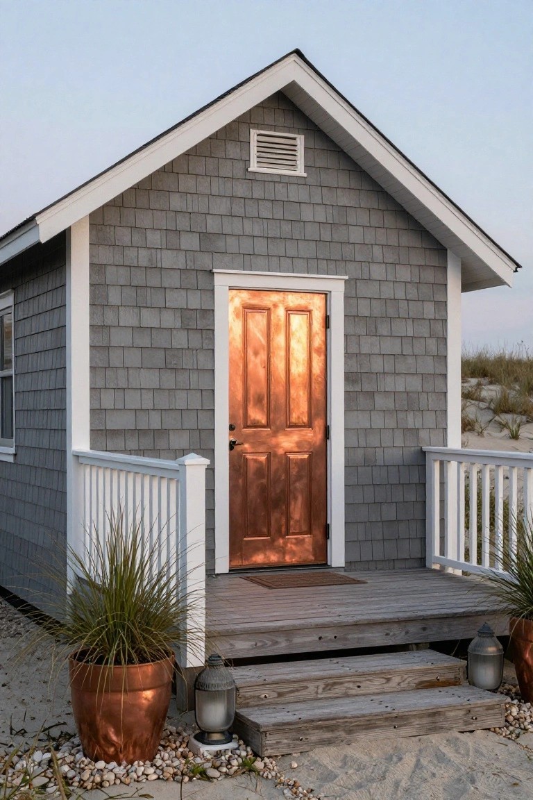Small gray shingled house with copper double front door, white trim and porch railing, wooden steps, copper planters with grasses, and lanterns on sandy beachfront.