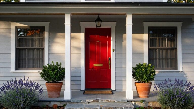 20 Front Door Colors With Gray Siding Ideas Gray clapboard house with white trim and black shutters, featuring a bright red paneled front door with brass knocker and hardware, flanked by potted boxwood topiaries and lavender plants in terracotta pots, lantern lights on porch, stone steps, and welcome mat.