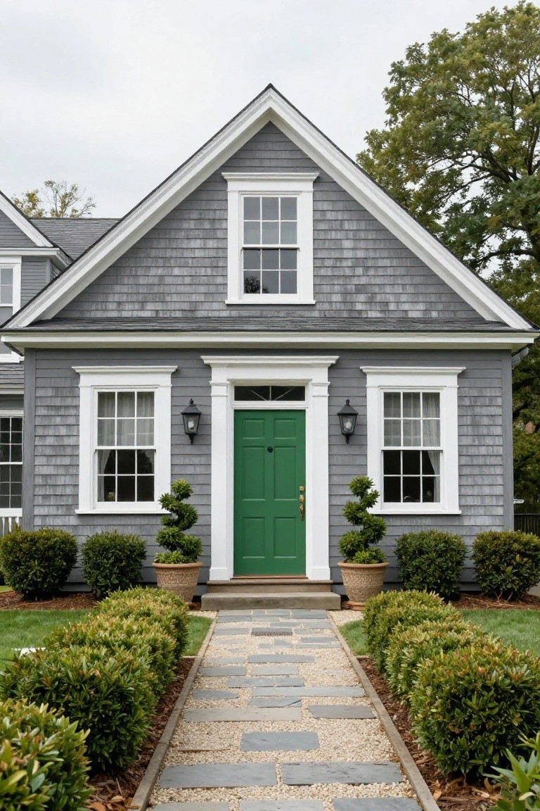 Gray shingled house exterior with green front door, white trim around door and windows, black lanterns, potted topiaries flanking the entry, stone pathway, and boxwood hedges in the yard.