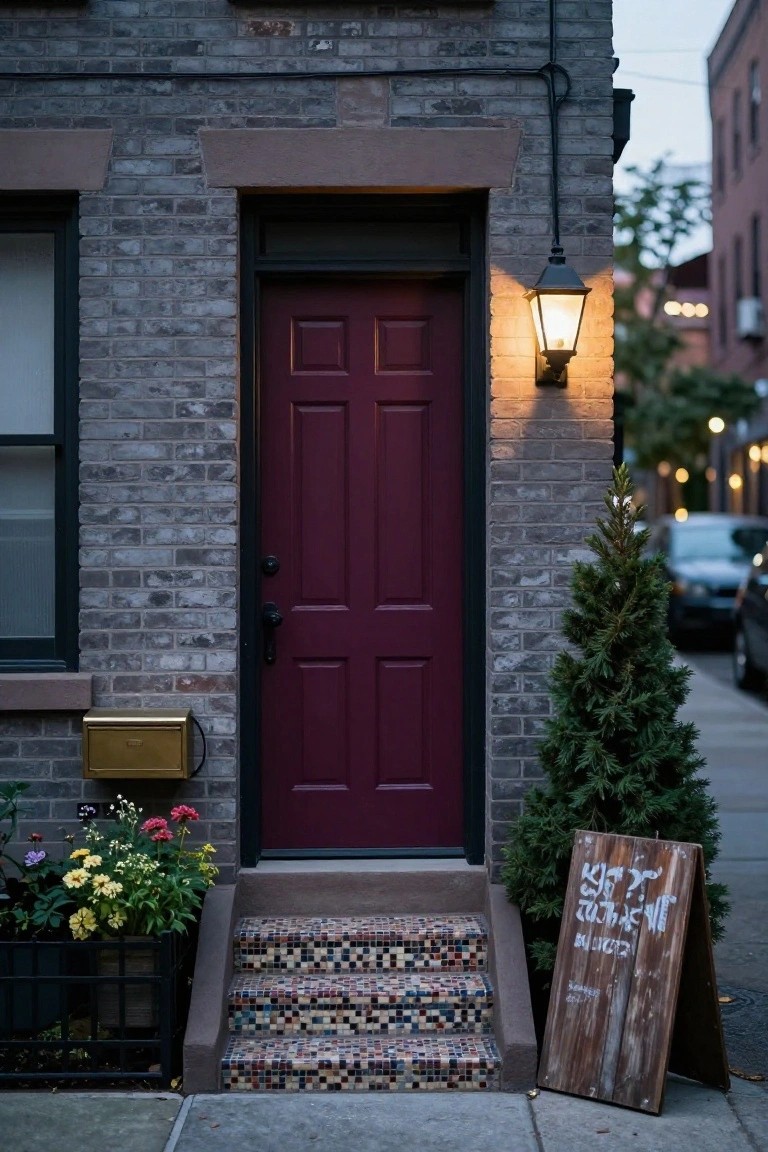Brick rowhouse facade with deep maroon six-panel front door, brass mailbox, mosaic tile steps, wall lantern, potted flowers, small evergreen tree, and wooden sidewalk sign.