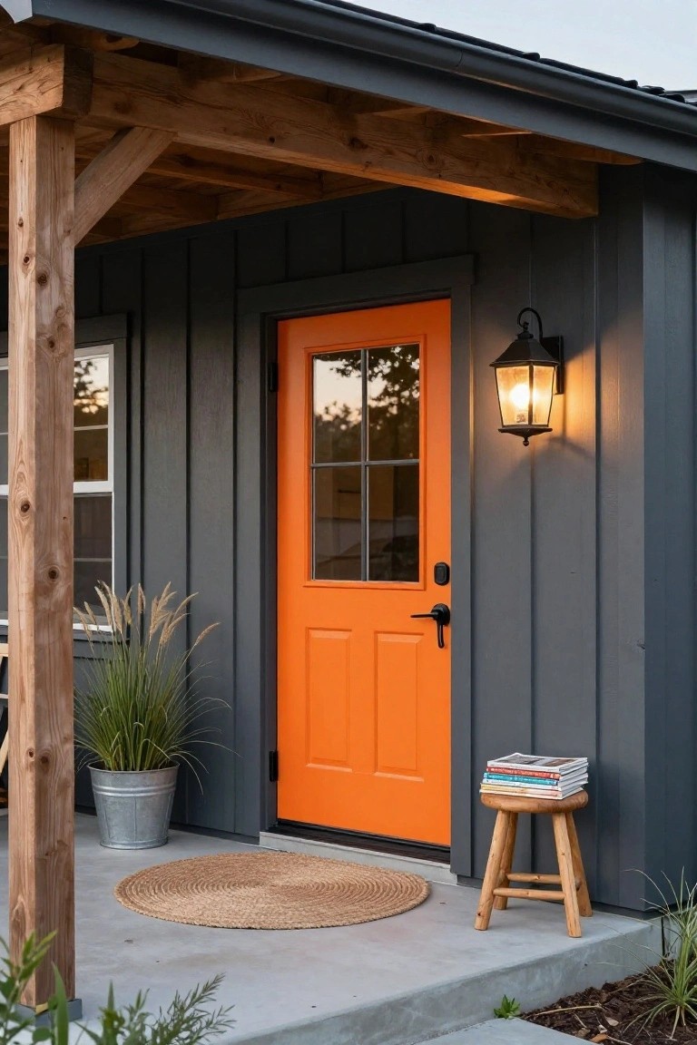 Dark gray siding on a small porch structure with a bright orange paneled front door, black wall lantern, wooden stool holding stacked books, metal bucket of grasses, and round seagrass mat on concrete landing.