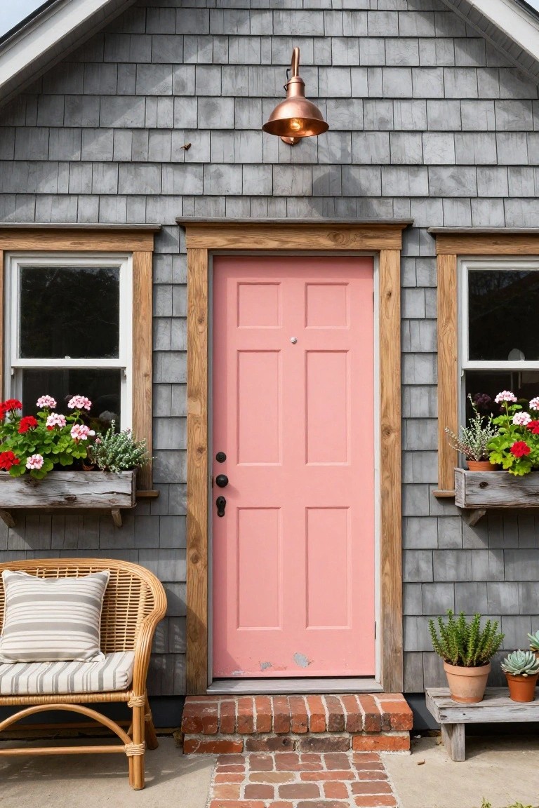 Gray shingle siding on a small house exterior with a pink paneled front door, flanked by two windows with flower boxes containing red geraniums, a copper outdoor lantern above the door, rattan bench, potted plants on a wooden bench, and brick entry steps.