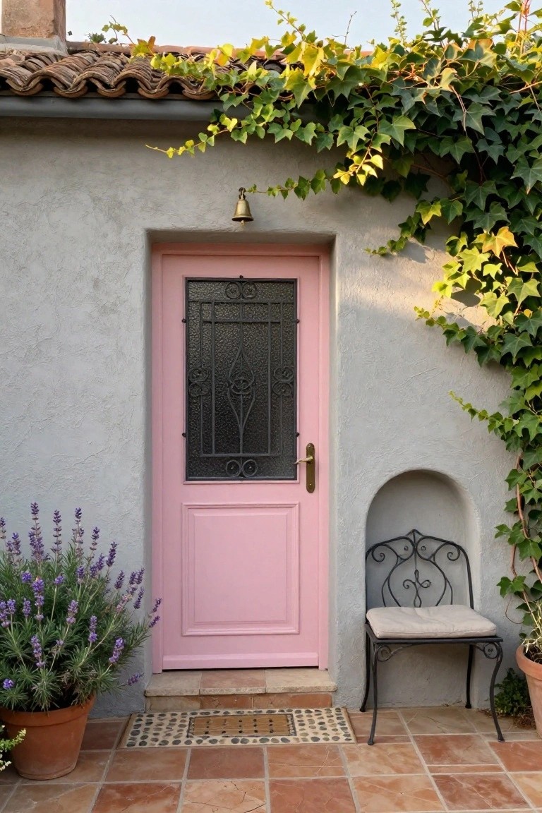 Pink front door with black wrought iron grille on a light gray stucco wall, surrounded by ivy vines, lavender plants in terracotta pots, and a small metal chair on a terracotta tile patio.