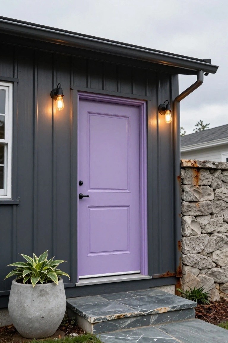 Dark gray vertical board-and-batten siding on a house exterior with a bright purple paneled front door, flanked by two black wall-mounted lanterns with lit bulbs, a large gray concrete pot holding a variegated snake plant, slate stone steps, and an adjacent rusted stone retaining wall under cloudy skies.