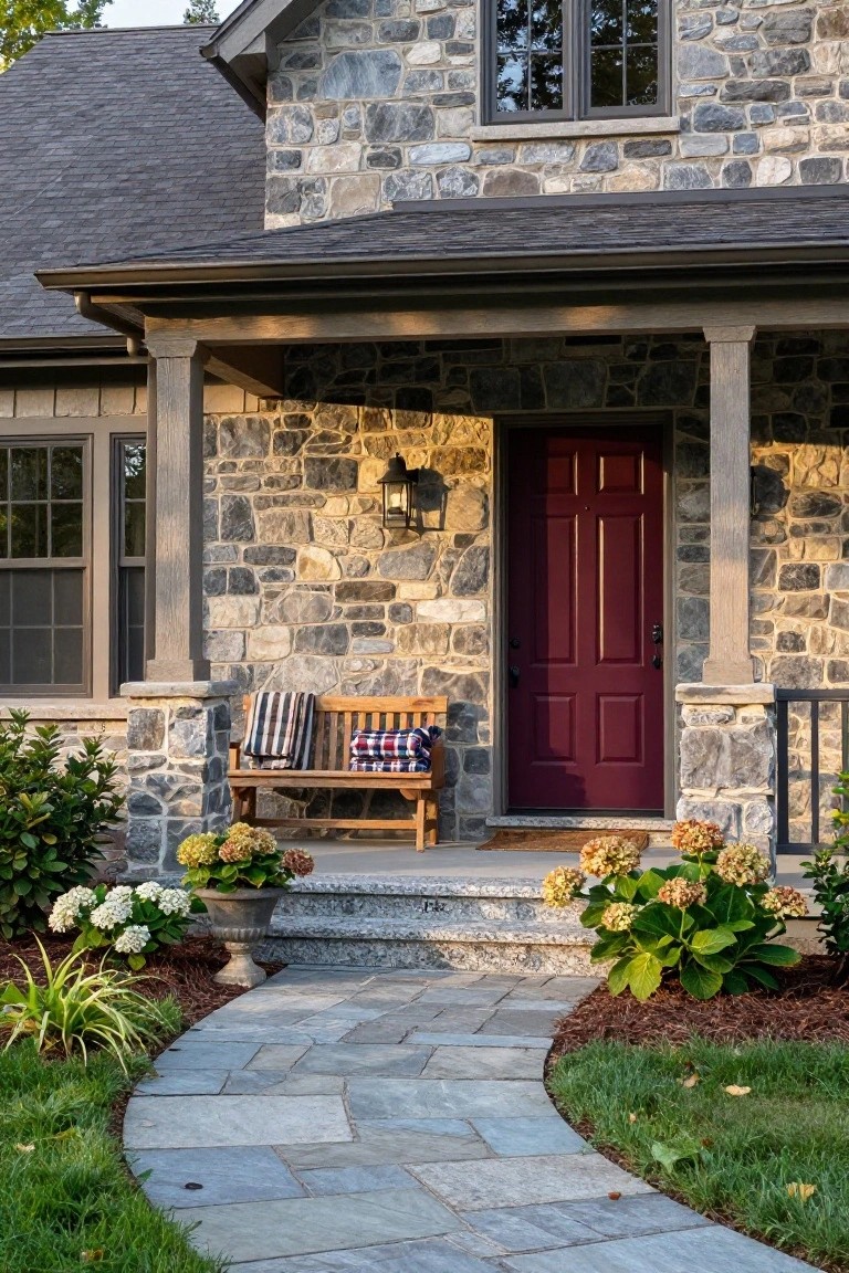 Gray stone house exterior with deep red front door under wooden porch columns, wooden bench with blankets, lantern light, hydrangeas in pots, and curved slate pathway.