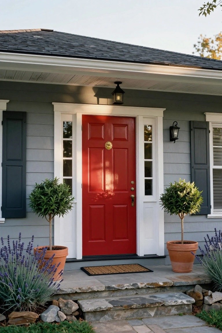 Gray clapboard house with white trim and black shutters, featuring a bright red paneled front door with brass knocker and hardware, flanked by potted boxwood topiaries and lavender plants in terracotta pots, lantern lights on porch, stone steps, and welcome mat.
