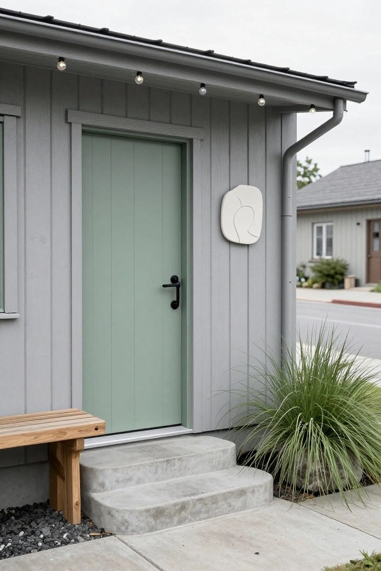 Gray vertical board and batten siding on a small house exterior with a sage green paneled front door, black door handle, small window to the left, white abstract wall plaque, wooden bench beside concrete steps, potted pampas grass, string lights along the eave, and downspout.