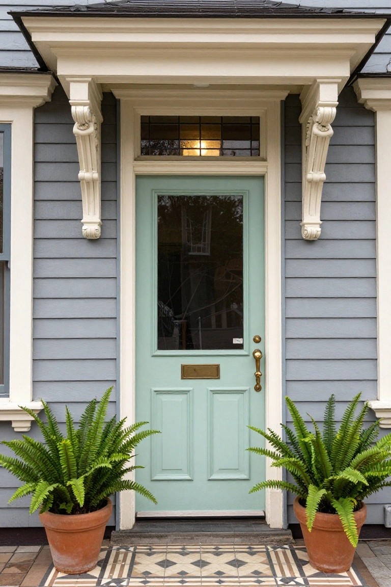 Gray shingle house exterior featuring a light green paneled front door with glass upper panel, flanked by two potted ferns in orange clay pots, white trim and brackets, brass knocker and handle, and black and white tessellated tile doorstep.
