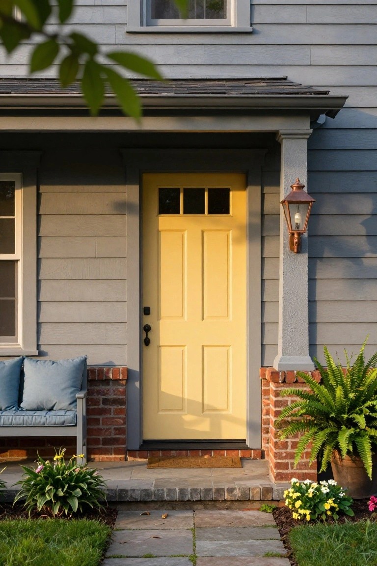 Gray shingled house exterior with yellow front door, glass window panels, copper lantern light on porch column, brick base, bench with blue cushions, and potted plants.