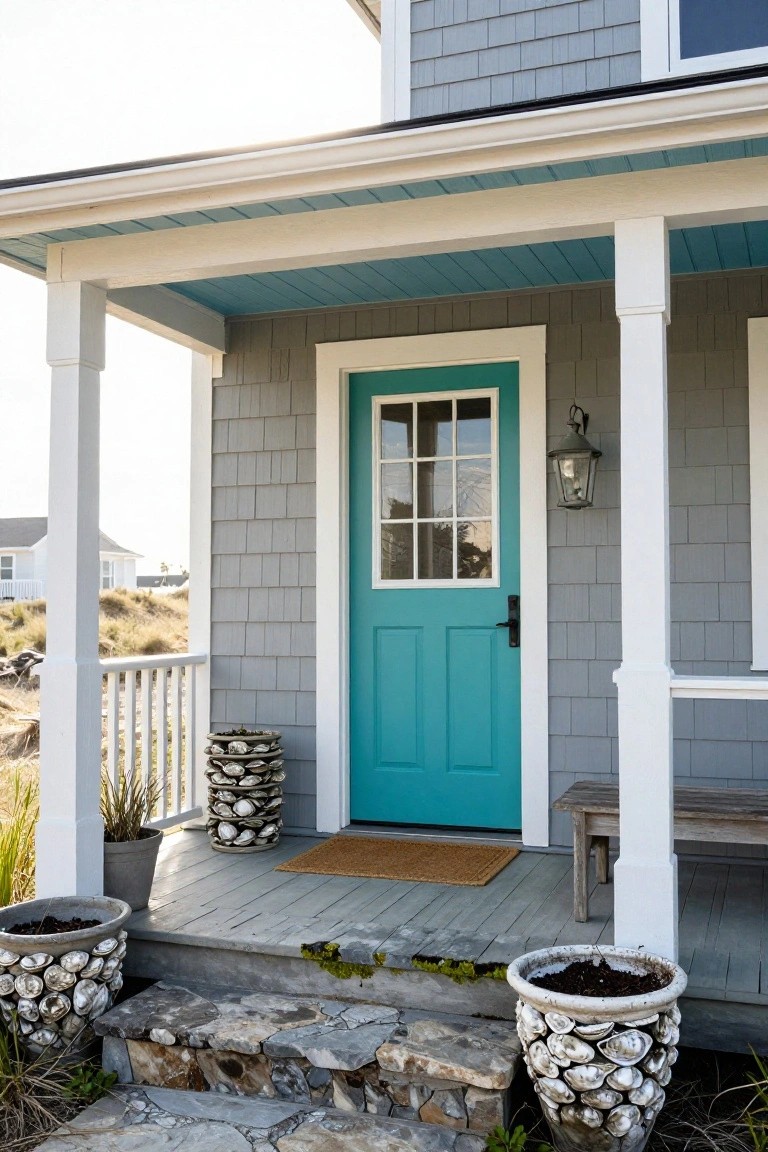 Gray shingle-sided house front with turquoise paneled door featuring nine-lite window, white porch columns and trim, lantern light, shell-decorated pots, welcome mat, and stone steps.