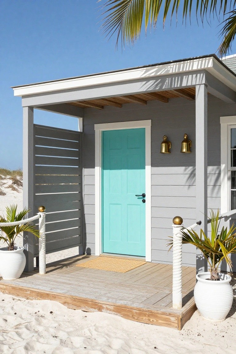 Gray-sided beach house with turquoise front door, gold lanterns on the wall, covered wooden porch, potted plants with rope accents, and sand dunes under palm trees and blue sky.