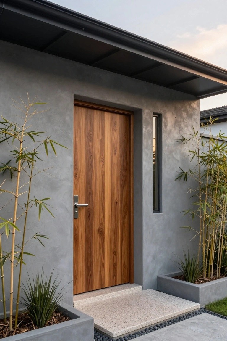 Gray stucco house entrance with vertical walnut wood front door, slim vertical window beside it, black metal awning above, potted bamboo plants flanking the sides, concrete steps leading to pebbled path.