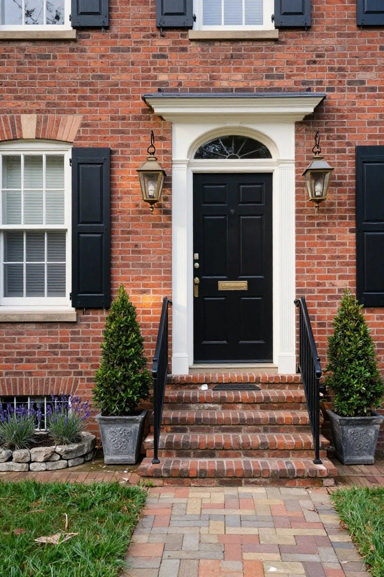 Red brick house exterior with black paneled front door, white trim, brass knocker and mail slot, lanterns, boxwood shrubs in pots, brick steps with iron railing, and multicolored brick pathway.