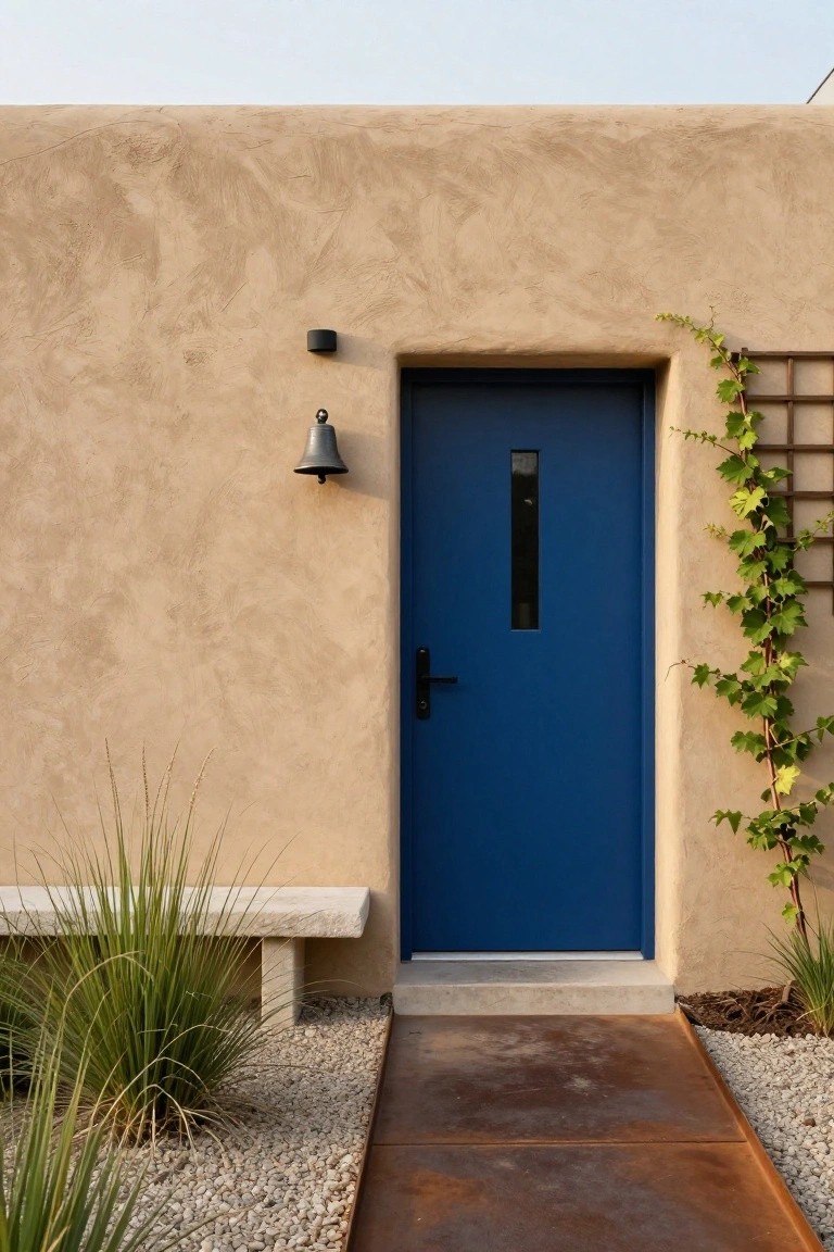 Tan adobe house wall with a narrow blue front door featuring a vertical window, black wall light and hanging bell to the left, ivy-covered trellis to the right, stone bench with tall grasses in front, gravel yard edged by rusted metal path.